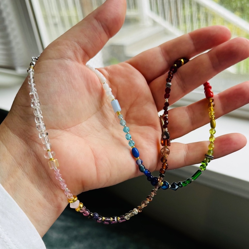 Handmade Beaded Necklace Unisex 21" Rainbow Gold Silver Accents - Picture 3 of 4